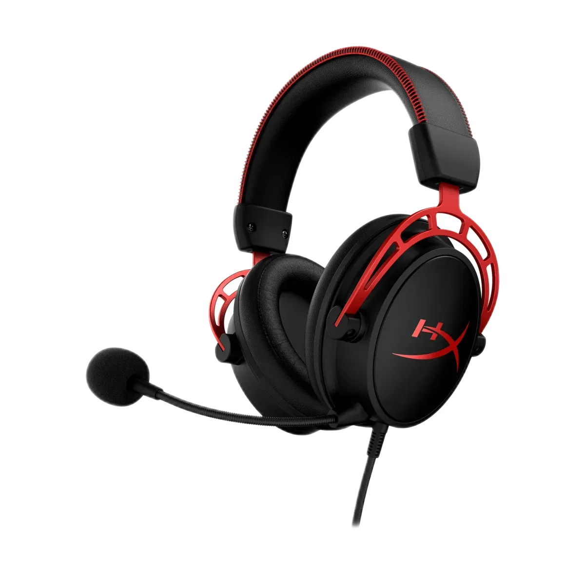 HyperX Cloud Alpha — Cloud Alpha në të zezë dhe të kuqe, me mikrofonin e shkëputshëm.