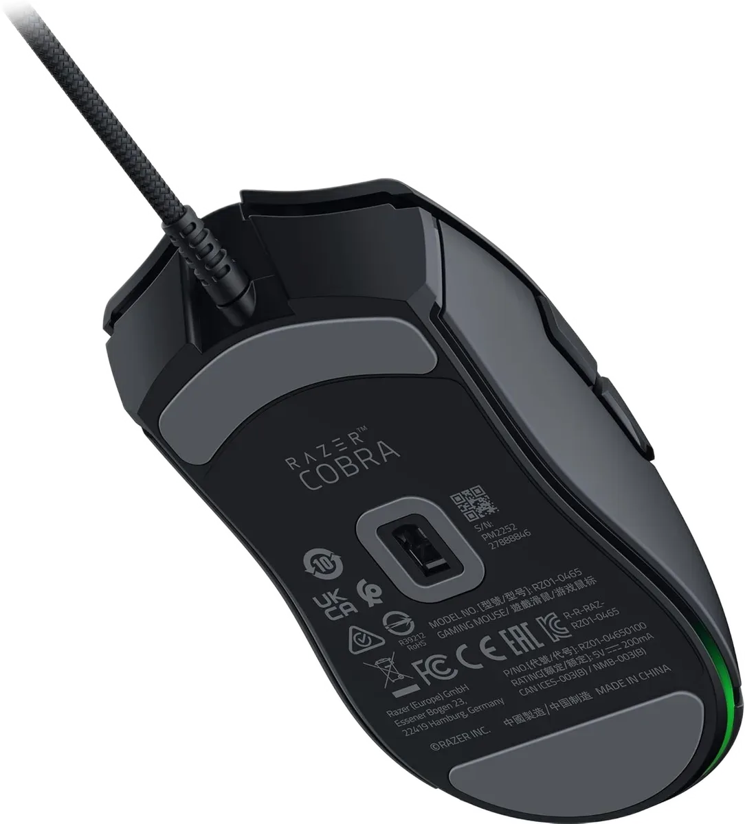 Razer Cobra — Këmbëzat PTFE rrethojnë sensorin optik në bazë.