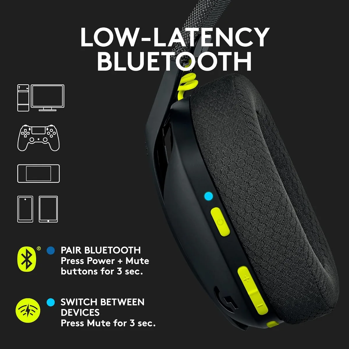 Logitech G435 Black — Earcup controls keep connection and listening adjustments close to hand.